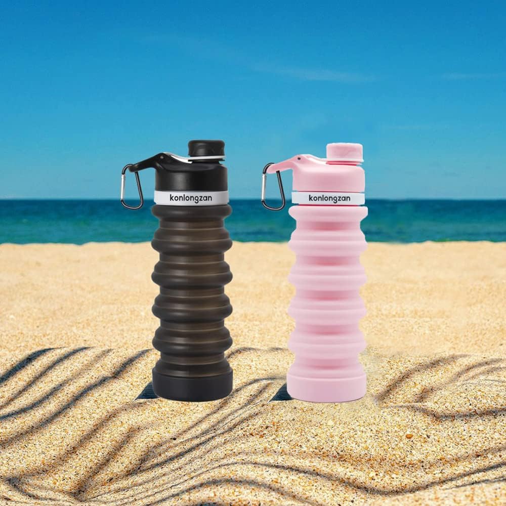 Botella de agua plegable de silicona, botellas de agua plegables de viaje, 18.6 fl oz con mosquetón, botellas de agua deportivas portátiles para