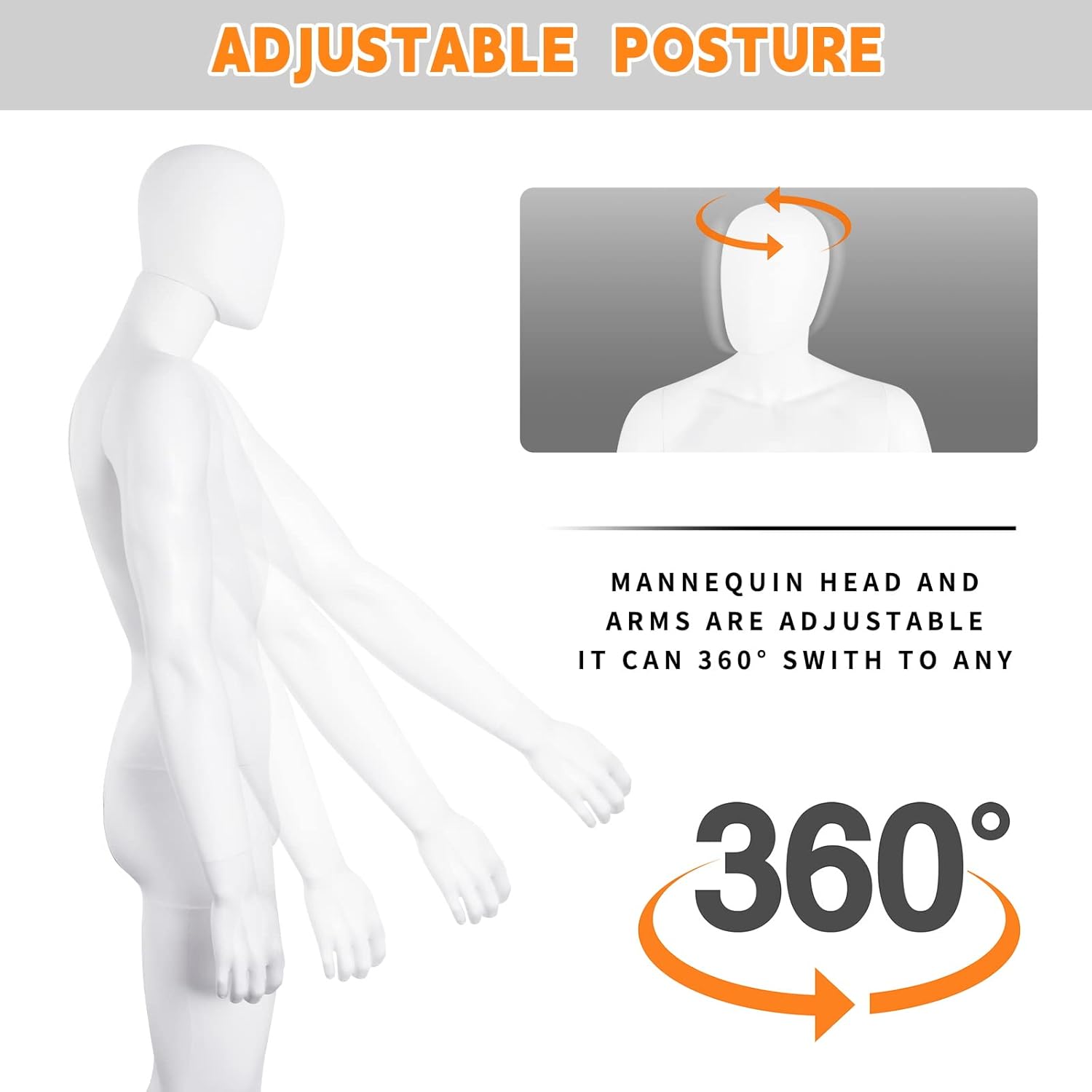 Maniquí masculino de cuerpo completo, soporte ajustable de 73 pulgadas, plástico sin rostro, desmontable, base de metal, conector de metal, blanco