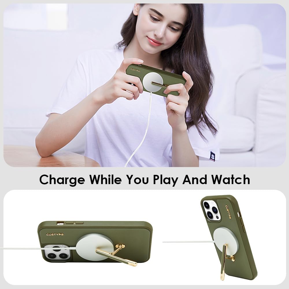CUSTYPE – Funda protectora de cuero a prueba de golpes para iPhone 14 Pro Max, compatible con carga inalámbrica, soporte de 2 vías, soporte de