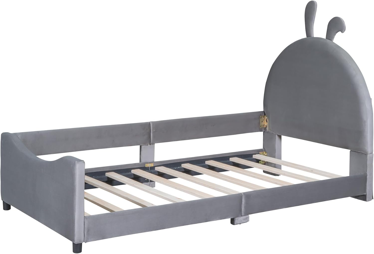 Cama tapizada de tamaño individual con cabecera en forma de conejo, marco de cama de plataforma baja con rieles, sofá cama de terciopelo con soporte