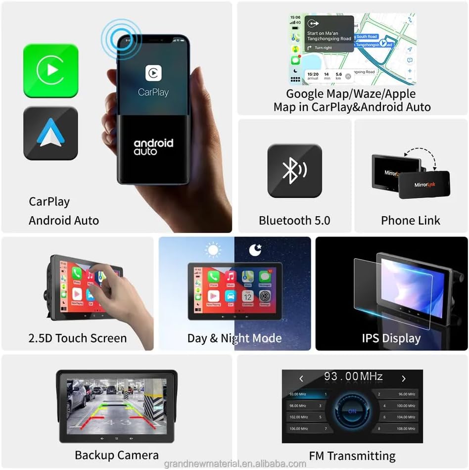 Radio de coche de 7 pulgadas con Apple Carplay y Android Auto inalámbrico estéreo IPS pantalla táctil con Bluetooth manos libresMirror LinkGoogle y