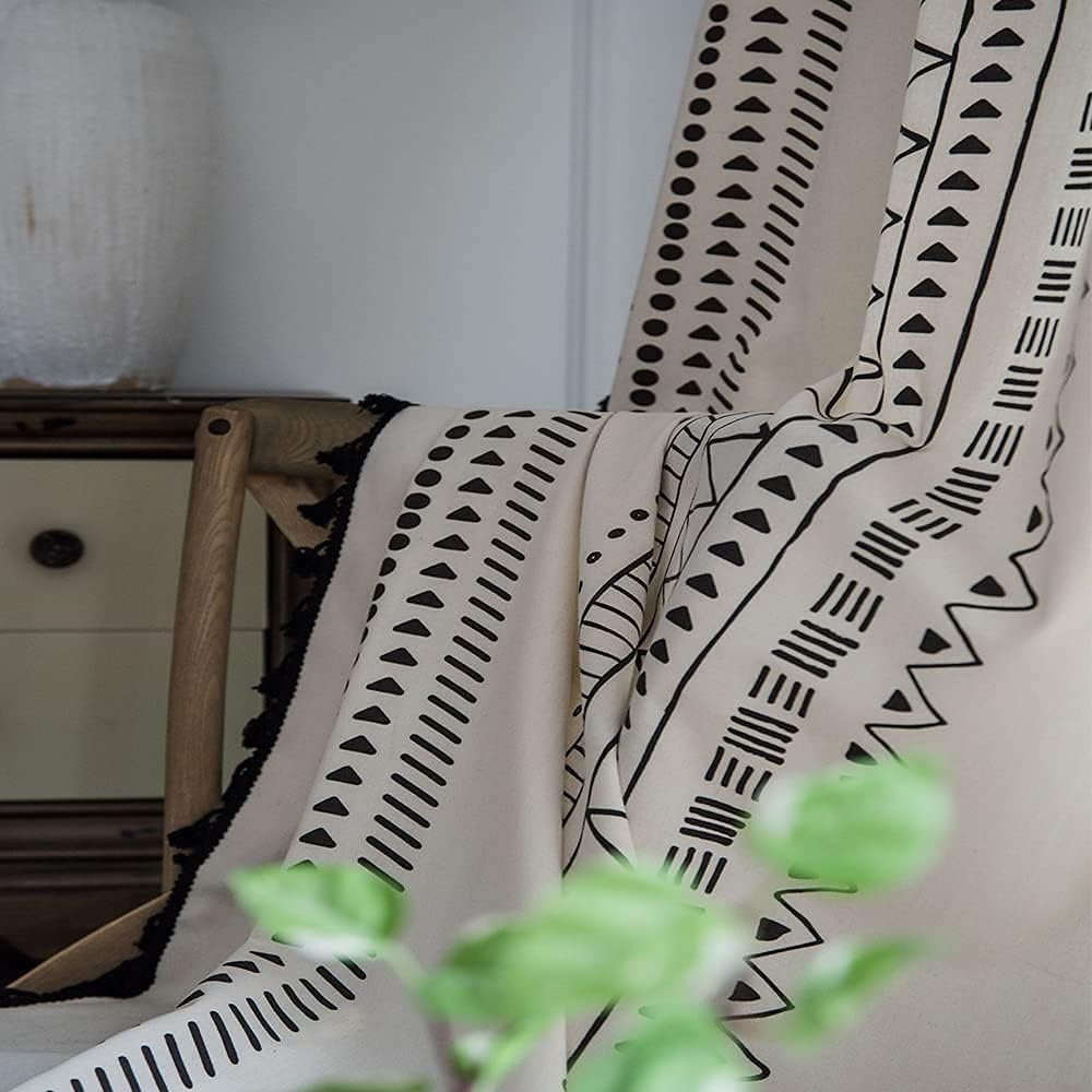 Cortinas negras y blancas de 63 pulgadas de largo, 2 paneles de cortinas bohemias de granja para sala de estar, cortinas geométricas de algodón y