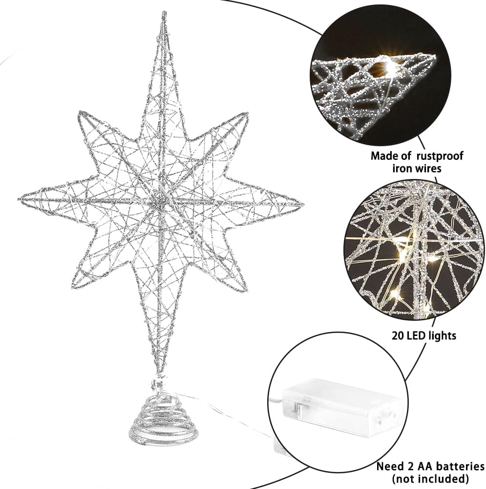 Decoración para árbol de Navidad de 13.5 pulgadas, estrella plateada con 20 luces LED para decoración de árbol de Navidad, adorno para Año Nuevo,