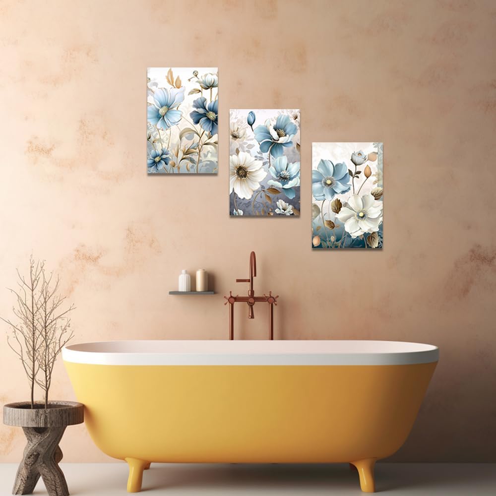 QIXIANG Lienzo decorativo para pared, 3 piezas, impresiones florales abstractas, pintura de flores azules y blancas para marco de decoración de