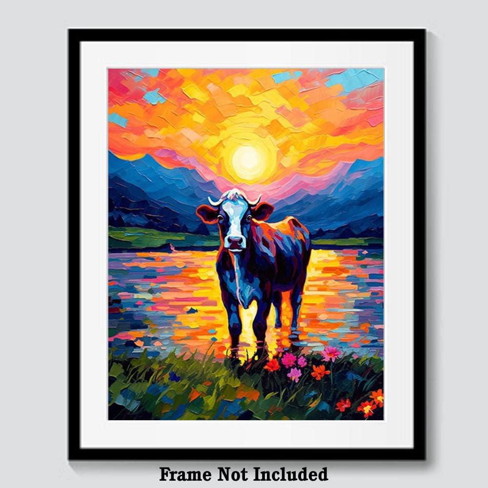 Bestbuddy Pet 8 x 10 sin marco noche estrellada Van Gogh inspirado vaca lechera junto al lago Flores Granja Animal Leche Vaca Ganado Familia Pintura