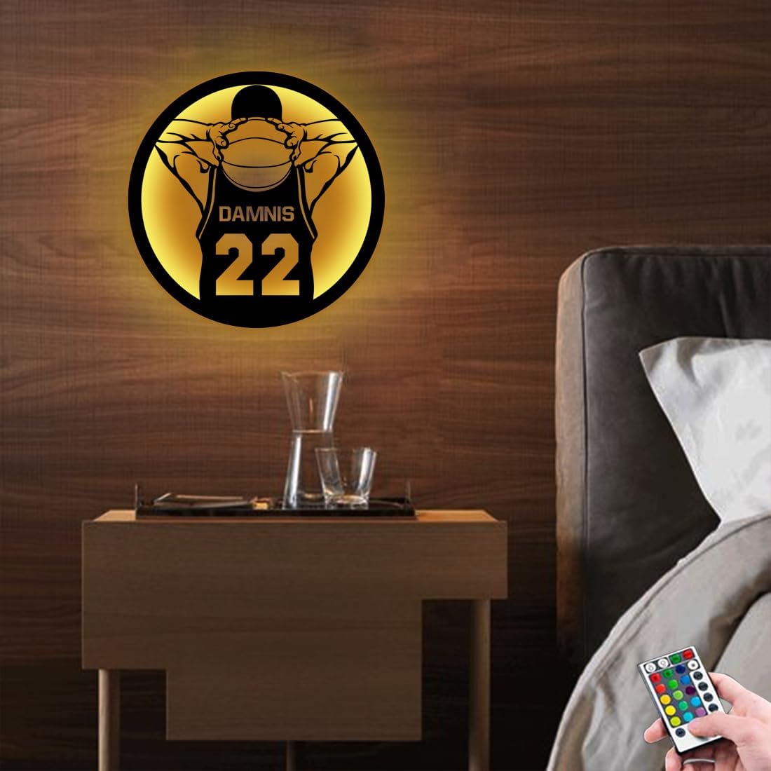 Letrero de metal personalizado para jugador de baloncesto con luz LED, nombre y número personalizados, arte de pared de baloncesto, decoración del