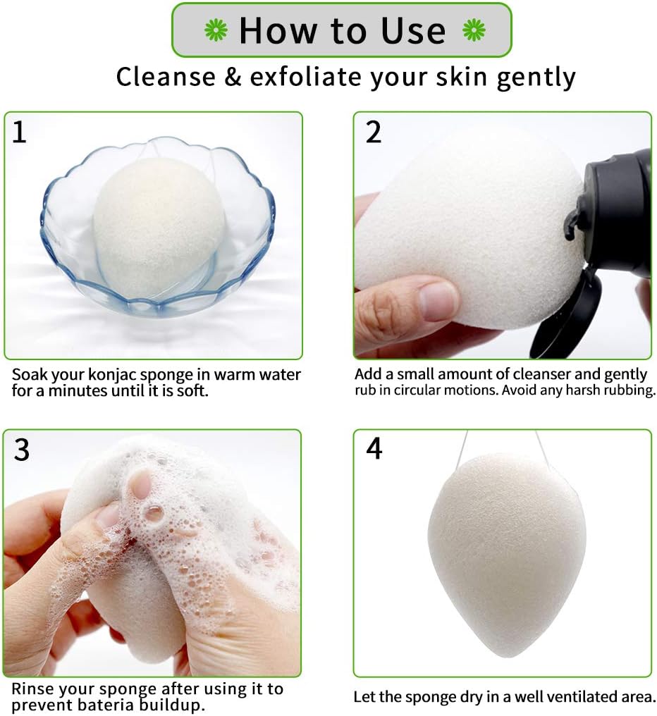 ESMOSEN 2 esponjas faciales 100% naturales de té verde konjac para limpieza profunda de la cara y exfoliación suave, seguro para pieles delicadas y
