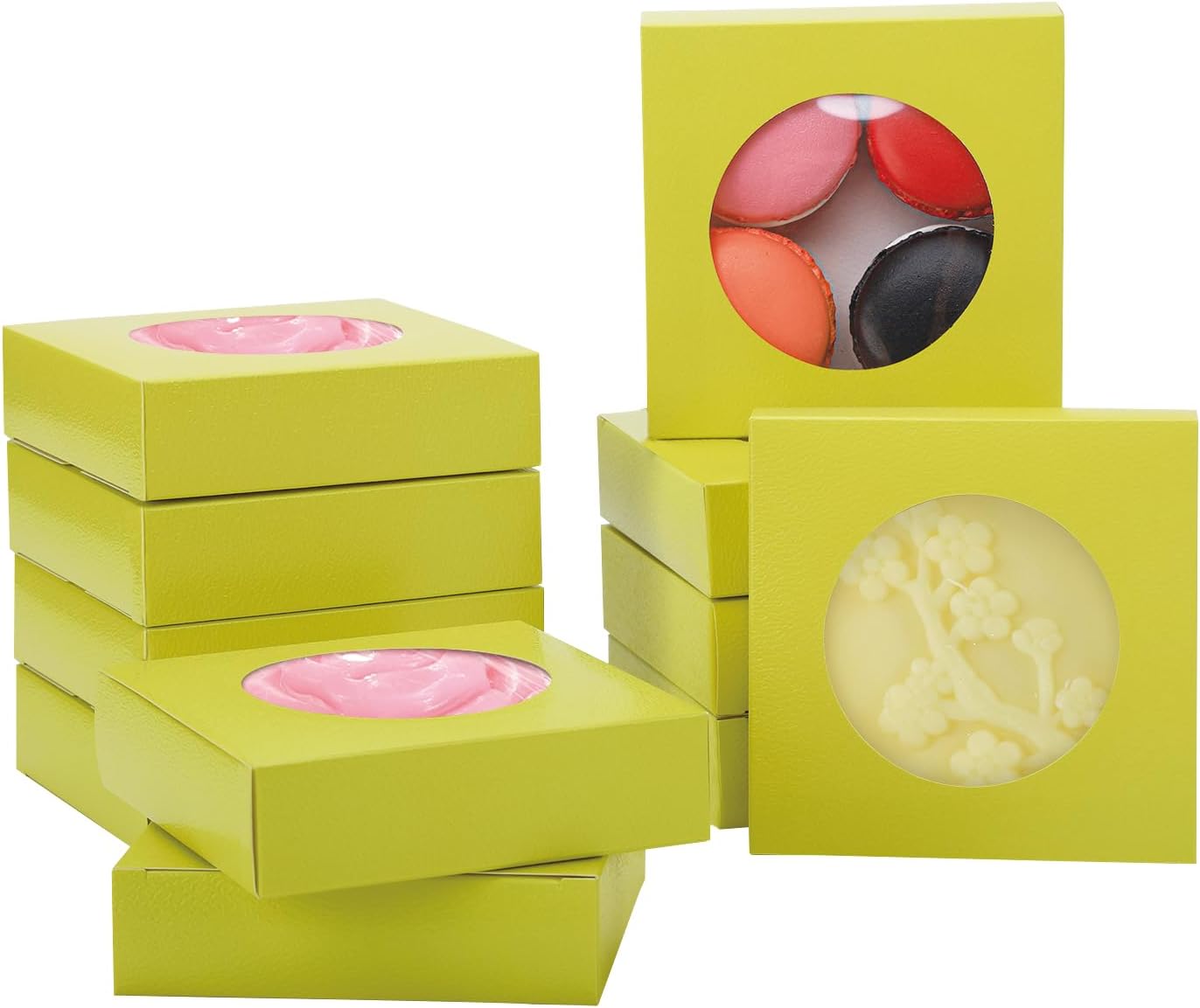 Bssay 60 cajas pequeñas de embalaje de jabón de 4.3 x 4.3 x 1.2 pulgadas, cajas de papel cuadradas blancas con ventana redonda transparente para