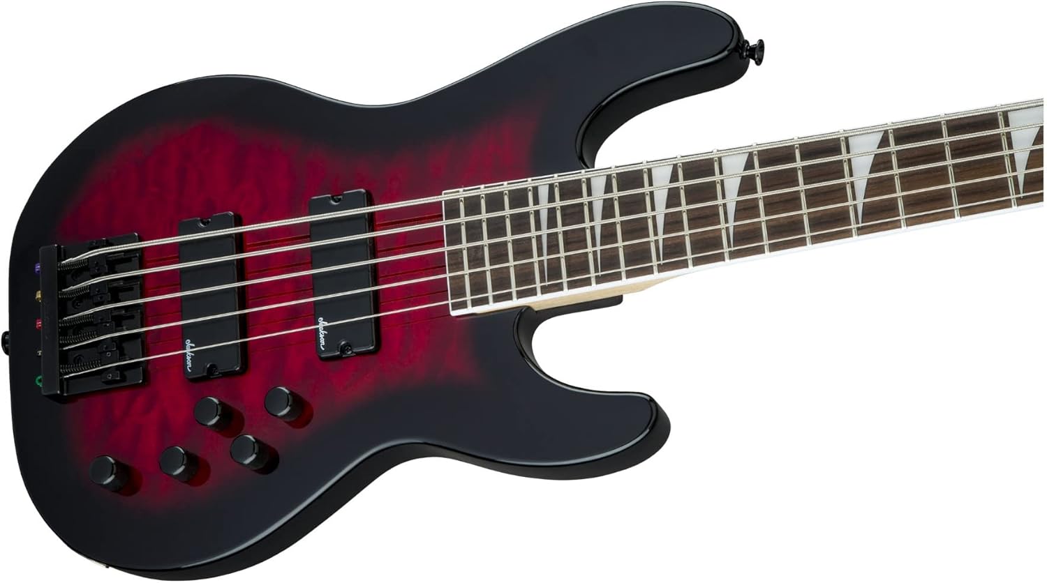 Jackson JS Series – Bajo de concierto de 5 cuerdas JS3VQ, explosión roja transparente, diapasón de amaranto