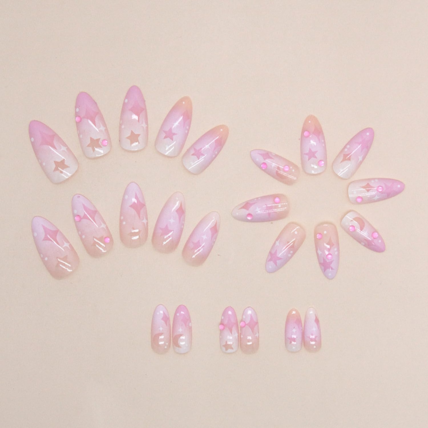 Uñas postizas a presión con diseño de luna y estrella hueca, uñas postizas largas de almendra, color rosa y morado, con diseño de diamantes de