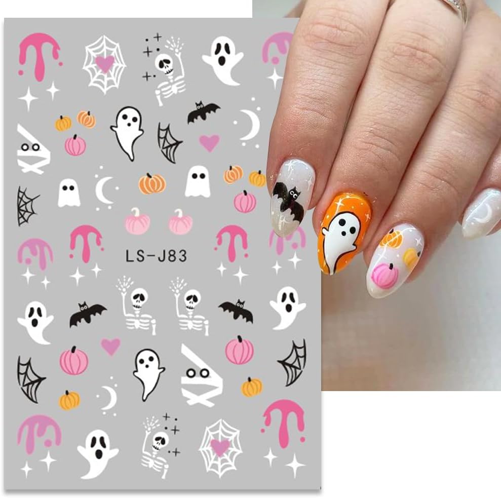 JMEOWIO 9 hojas de calcomanías de arte de uñas de Halloween, calcomanías autoadhesivas, uñas de terror, fantasma, bruja, telaraña, murciélago, gato,