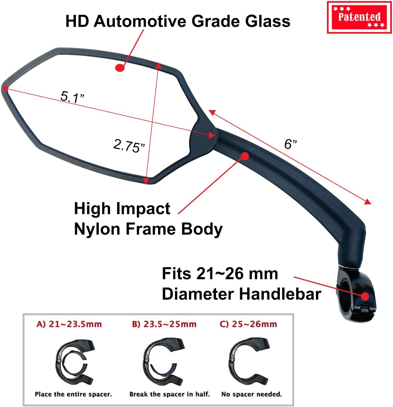 Hafny Nuevo espejo de bicicleta para manillar, brazo largo, lente de vidrio HD, ajustable y giratorio, espejo retrovisor seguro para bicicleta,