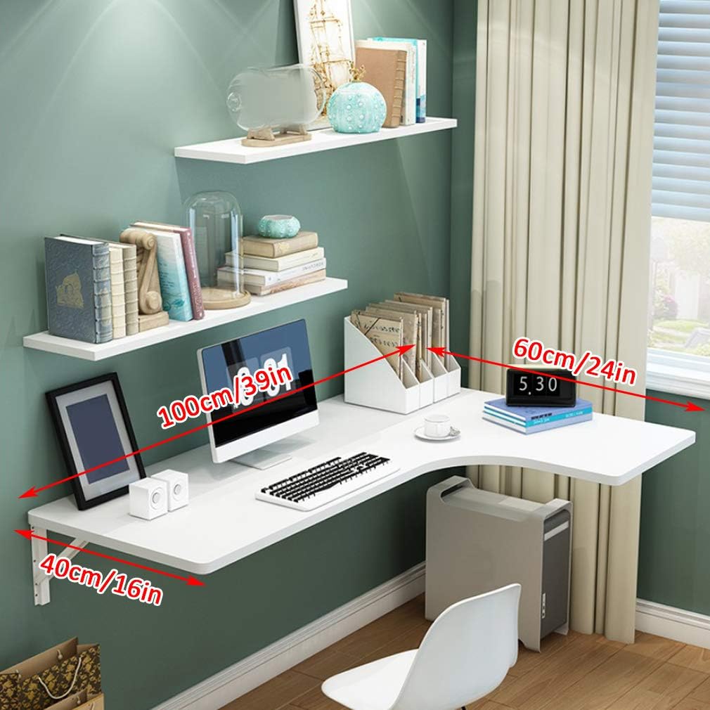 mesa plegable flotante de madera, multifunción, mesa de comedor, mesa de estudio, mesa de trabajo, 10 tamaños, con accesorios, Madera Acero, Blanco