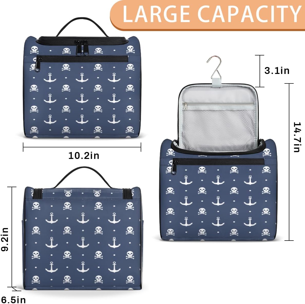 Skull Interesting Toiletry Bag for Women Travel Makeup Organizer with Hanging Hook Traveling Cosmetic Bags for Toiletries Accessories