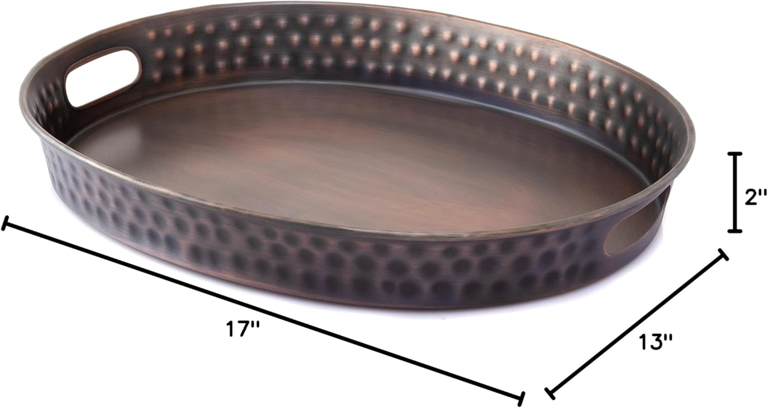 Monarch Abode 40604 – Bandeja decorativa de metal martillado a mano, bandeja otomana ovalada para cocina, baño, encimera, organizador, 17 pulgadas,