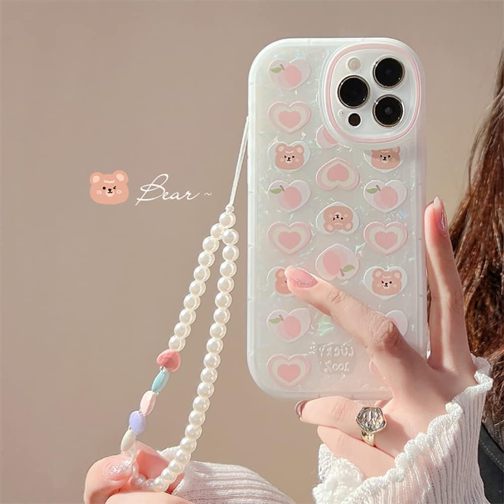Fycyko Funda compatible con iPhone 15 Pro Max con cadena, bonita funda estética con diseño de corazón y oso con dije de perla para iPhone 15 Pro Max