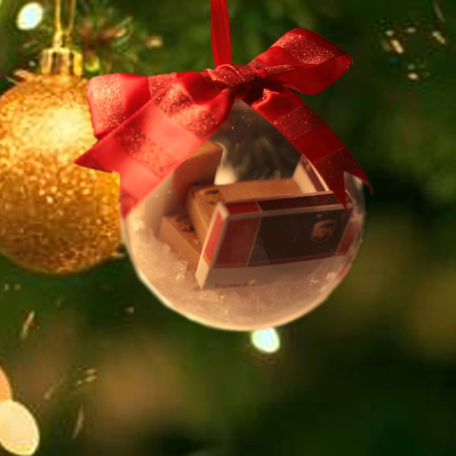 2 adornos para árbol de Navidad con mini cajas de entrega en el interior, divertidas bolas de Navidad transparentes, paquetes de decoraciones de