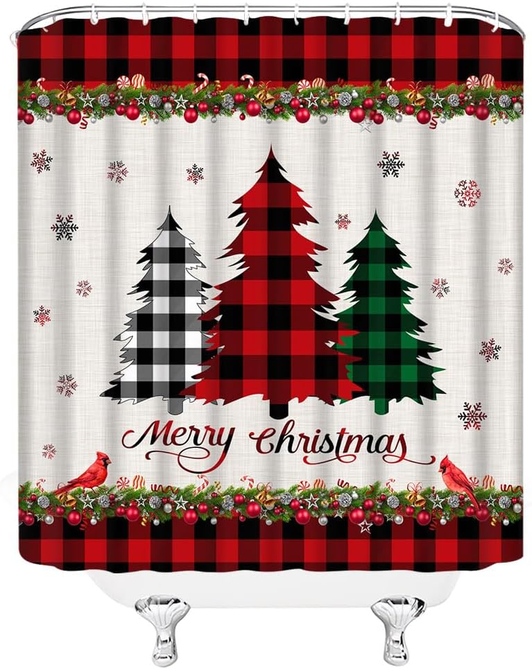 Cortina de ducha de árbol de Navidad, diseño de búfalo rojo, a cuadros, copos de nieve, invierno, vacaciones, juego de cortina de baño con ganchos