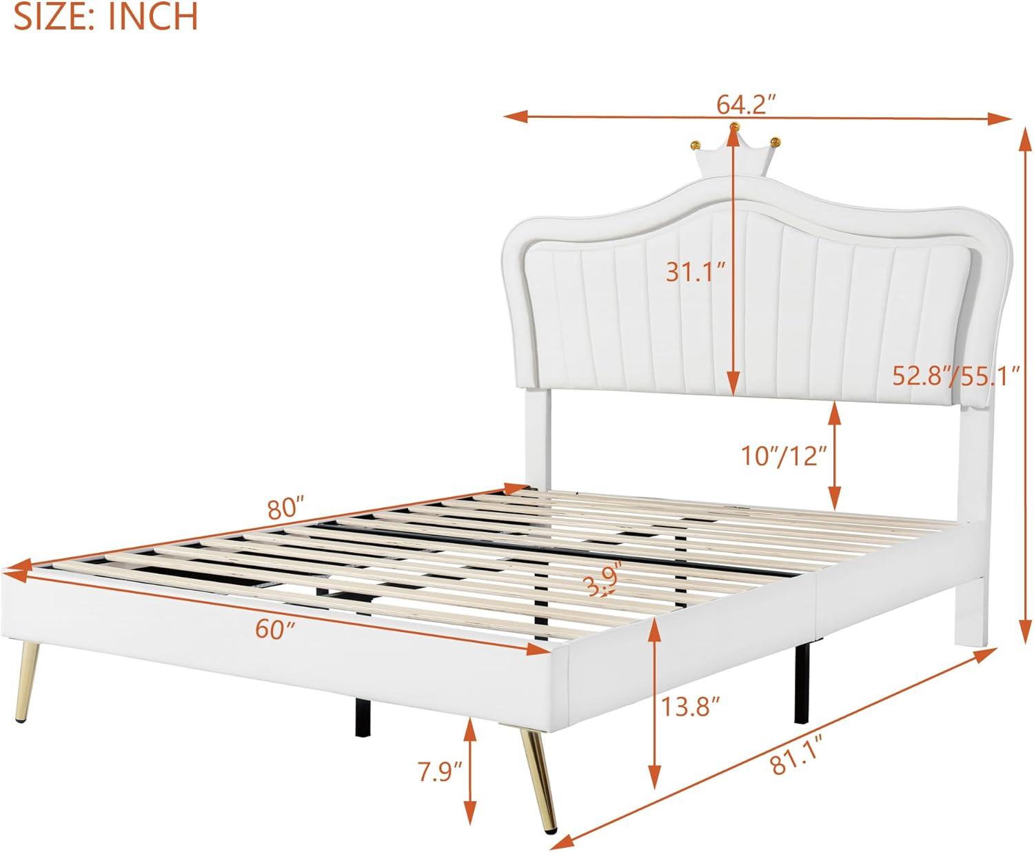 Cama de princesa tamaño Queen con luces LED, marco de cama para niños, con cabecero corona, plataforma tapizada para niños y adolescentes, no