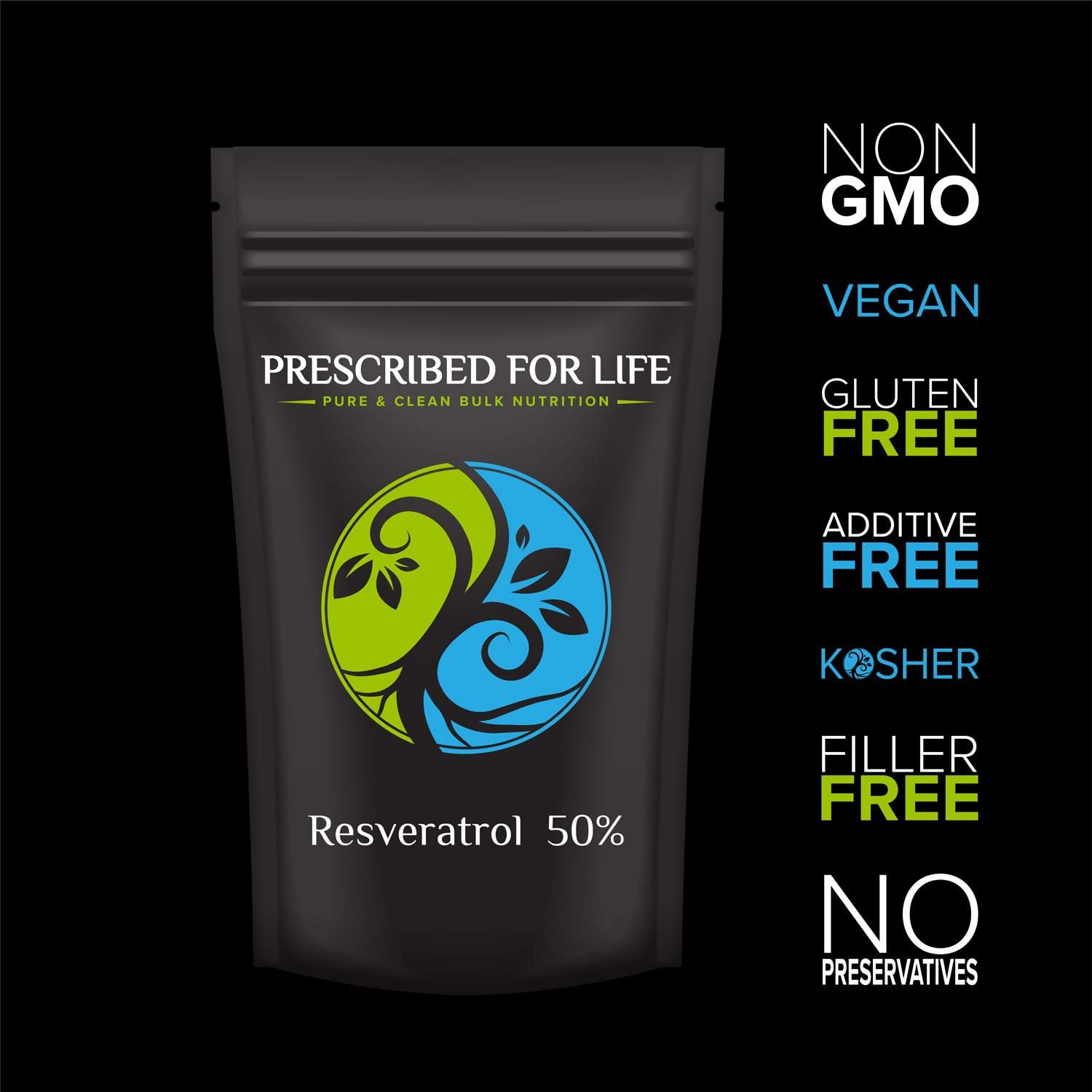 Prescribed For Life Resveratrol en polvo  50% Trans Resveratrol  Suplemento nutricional rico en antioxidantes  Vegano, sin gluten, sin OGM
