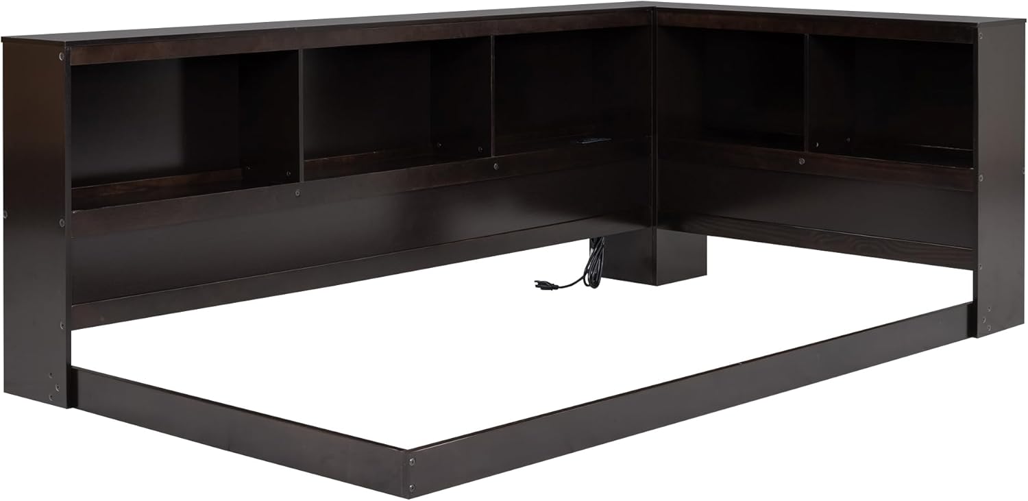 Sofá cama con cabecera de estantería, marco de cama esquinero de tamaño individual con estación de carga, cama de plataforma de madera con
