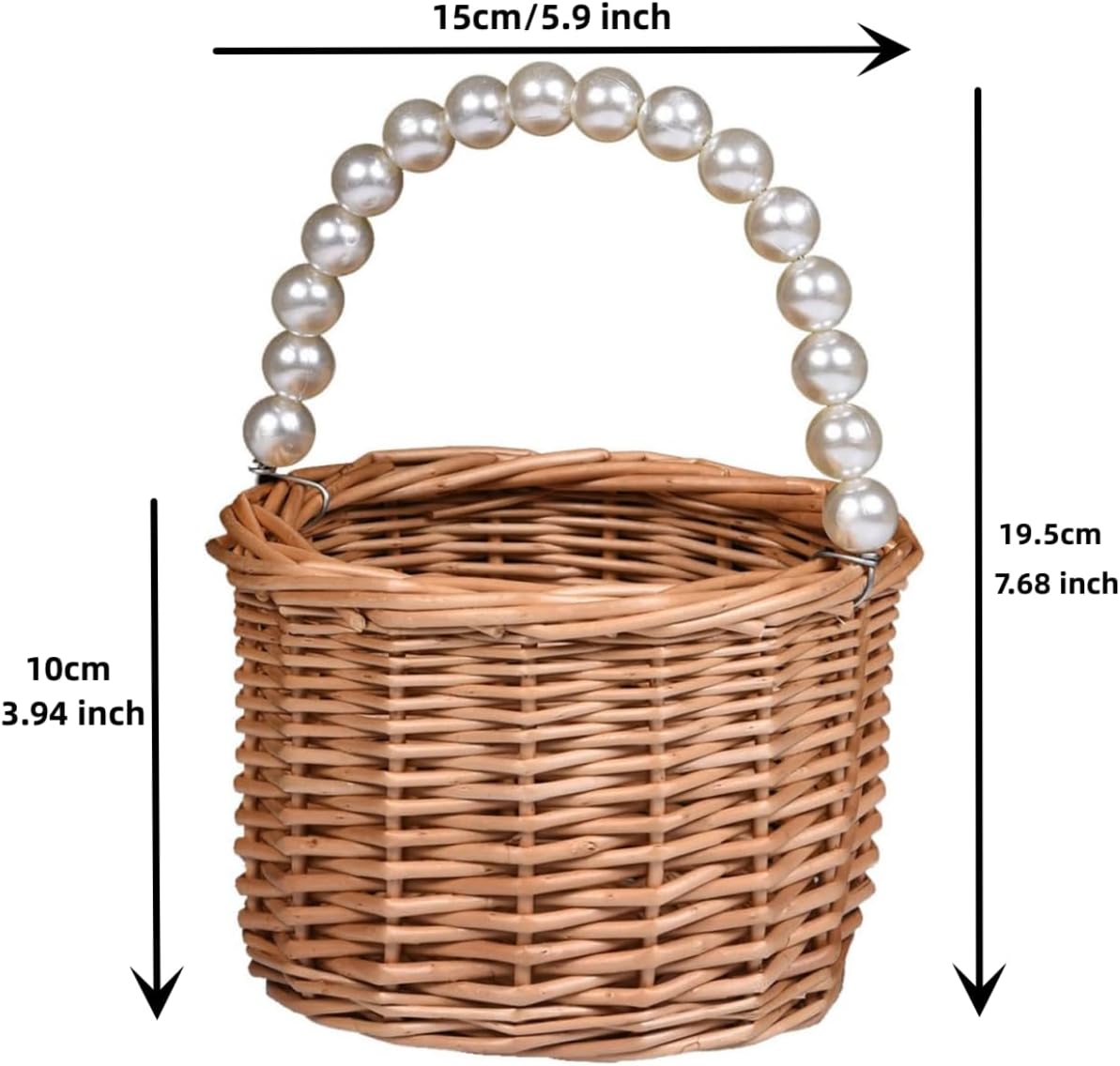 Cesta de mimbre para niña de flores, cesta de niña de flores con mango de perlas, cesta de niña de flores de boda y decoraciones para el hogar.