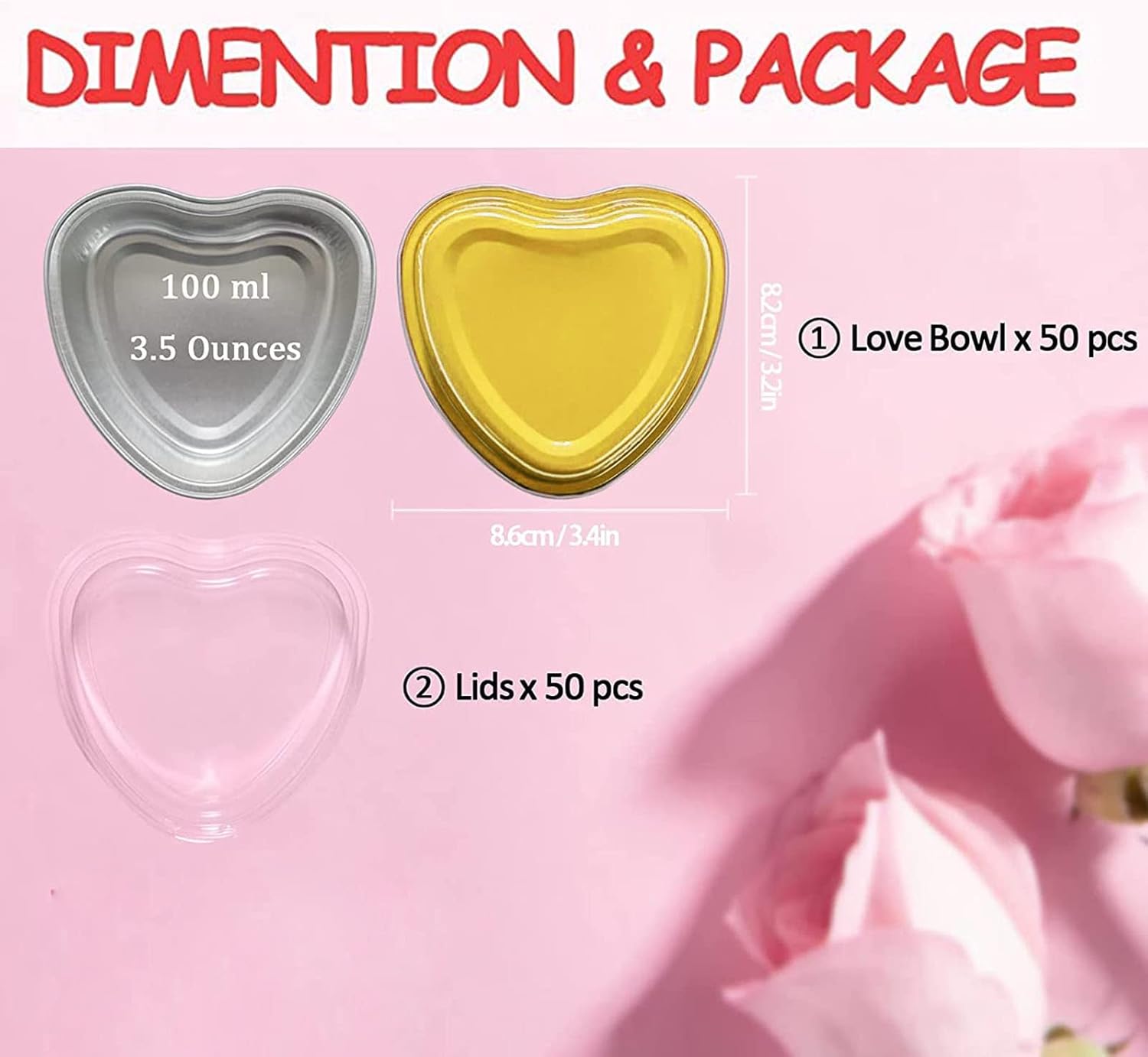 Paquete de 50 moldes de papel de aluminio en forma de corazón con tapas, 3.4 fl oz3.5 onzas, mini tazas desechables para hornear flan para postres,