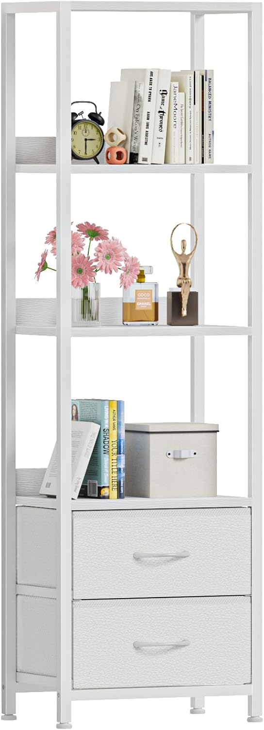 Furnulem Estante esquinero de 4 niveles, estantería con 2 cajones de almacenamiento, estantería estrecha de 57.28 pulgadas de alto, unidad