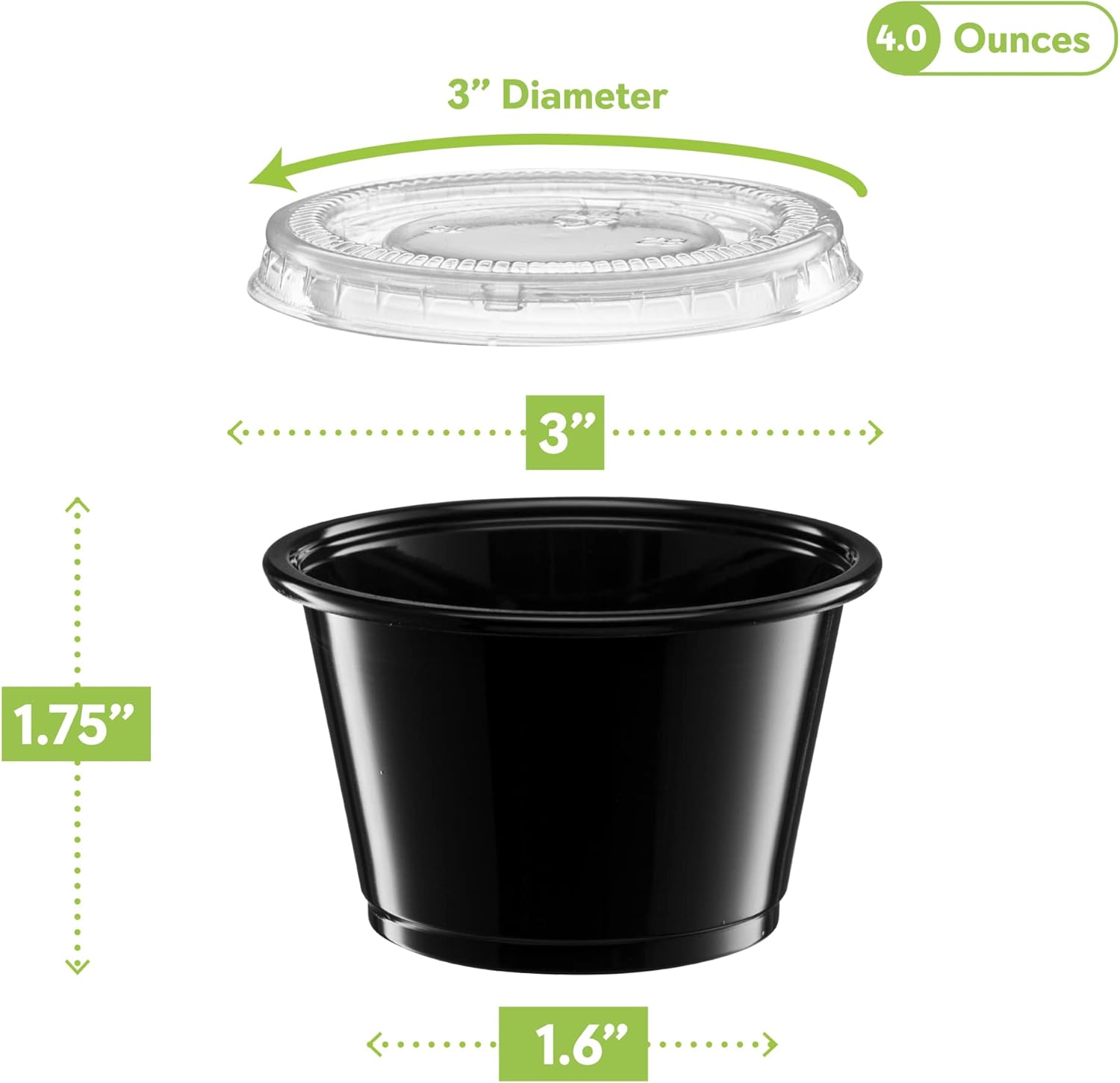 (4 onzas  100 juegos) Vasos de plástico sumergibles negros con tapas, pequeños recipientes para control de porciones, chupitos de gelatina,