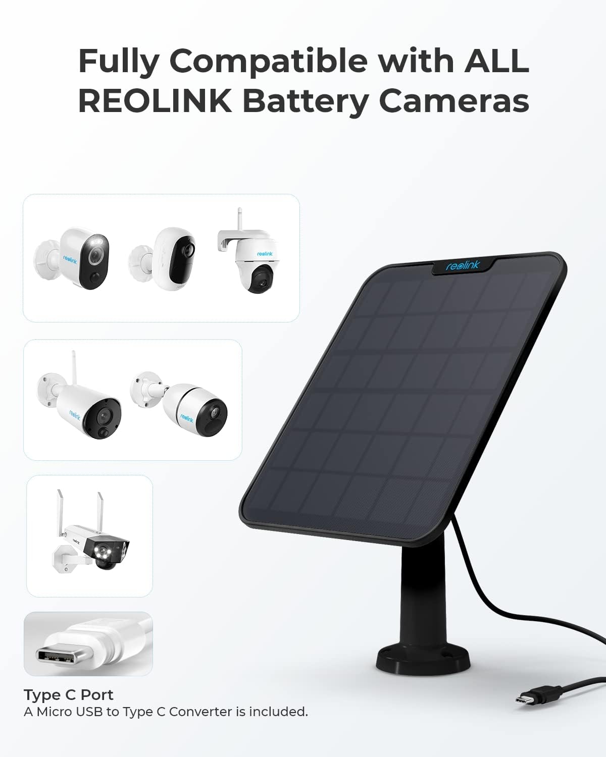 Reolink Panel solar de 6 W, fuente de alimentación solar sin parar para todas las cámaras de batería inalámbricas al aire libre, compatible con