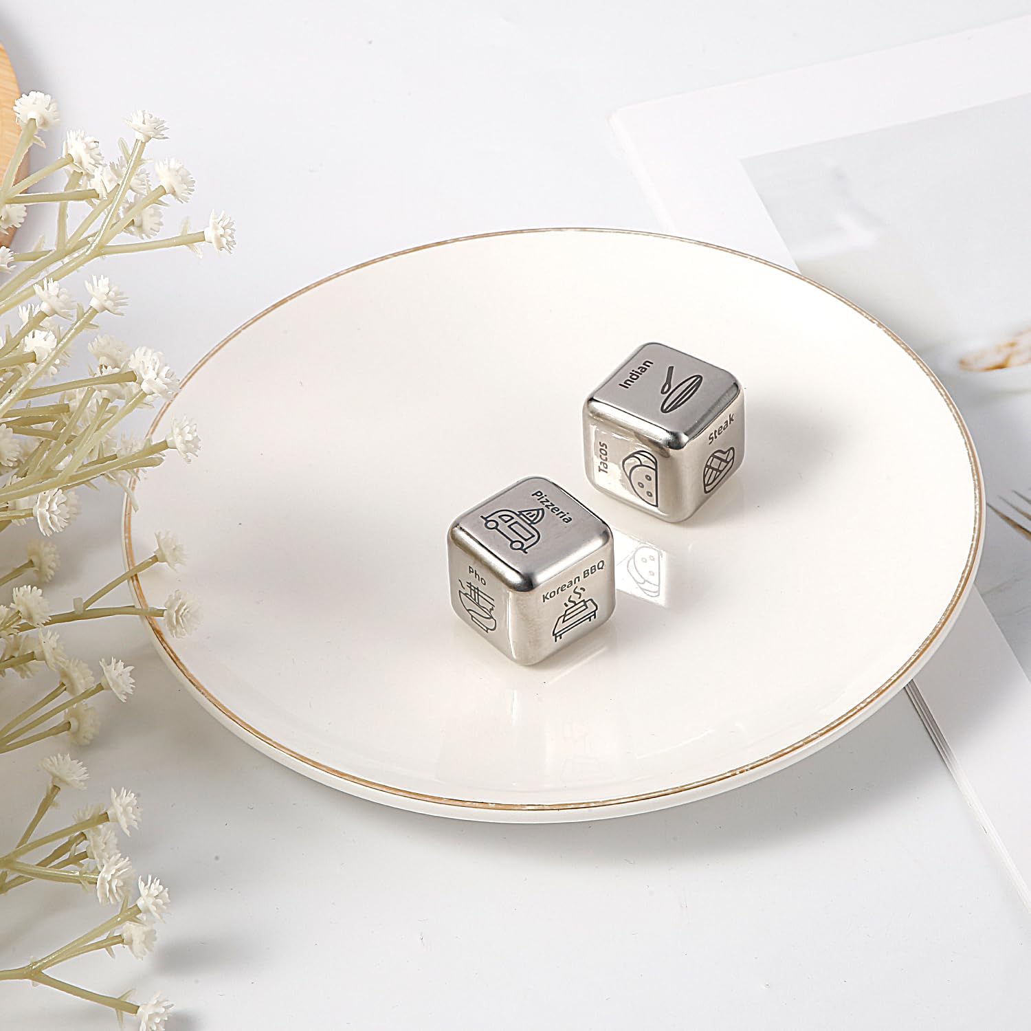 2 dados de decisión de alimentos, dados de acero de 1 x 1 x 1 pulgada, dados de metal para decidir comida para citas, citas, citas, citas, regalos