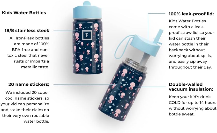 IRON FLASK Botella de agua para niños, tapa con pajilla, 20 calcomanías con nombre, acero inoxidable aislado al vacío, vaso de doble pared, taza de