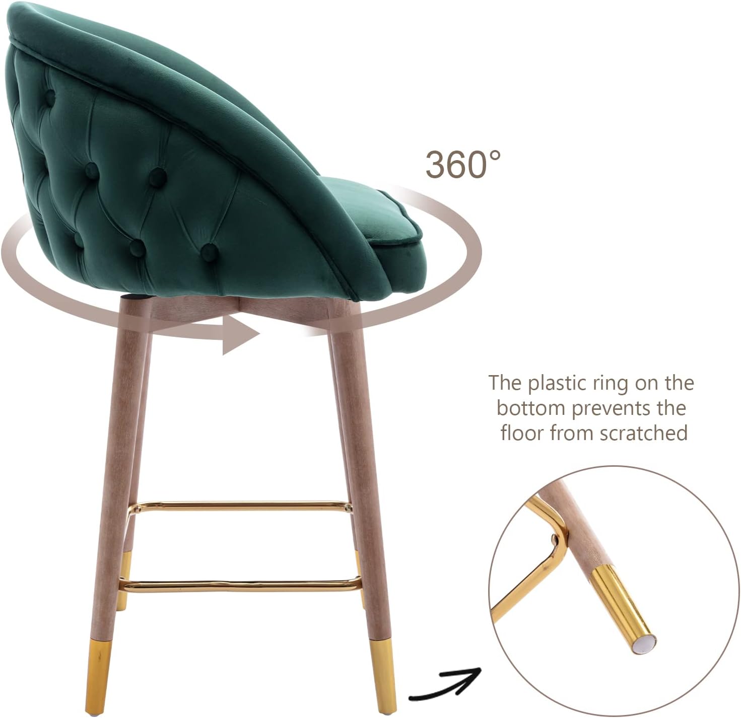 ZHENGHAO Juego de 2 taburetes de bar giratorios, sillas de bar de terciopelo de 26 pulgadas con patas de madera, silla de comedor tapizada para