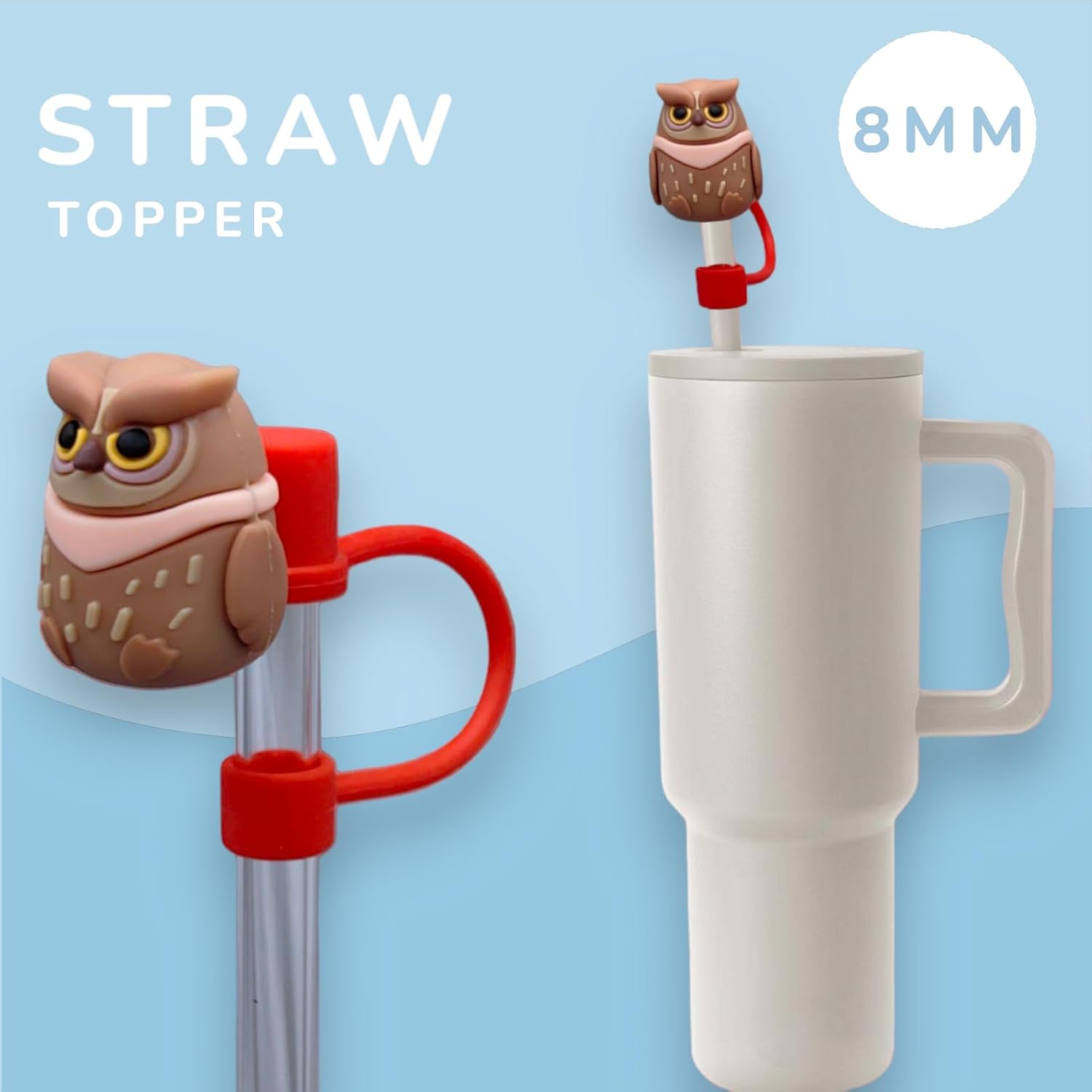 3 fundas para pajitas de 0.315 in y 0.394 in, lindo adorno de paja de gato para vasos Stanley, puntas de popote de silicona de búho para popotes de