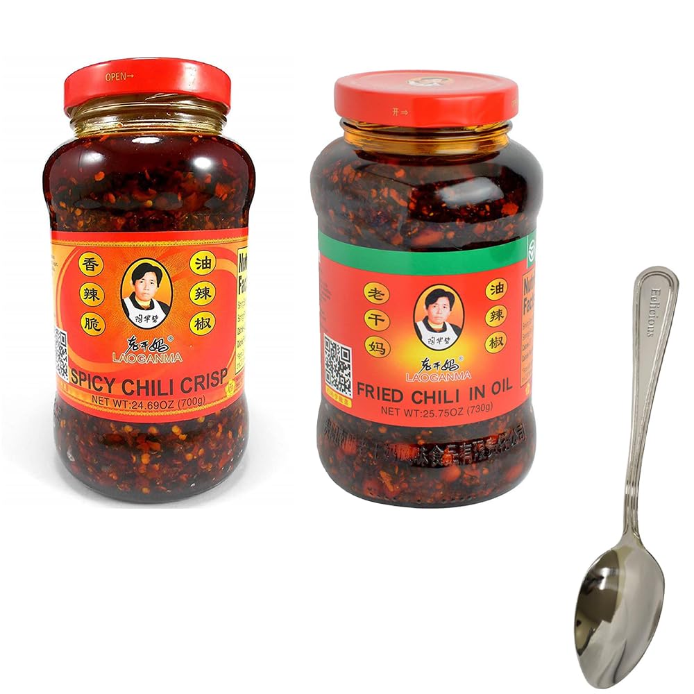 Laoganma – Salsa crujiente de chile picante de 24.69 onzas y chile frito en aceite, 25 onzas, viene con 1 cuchara Eelicious