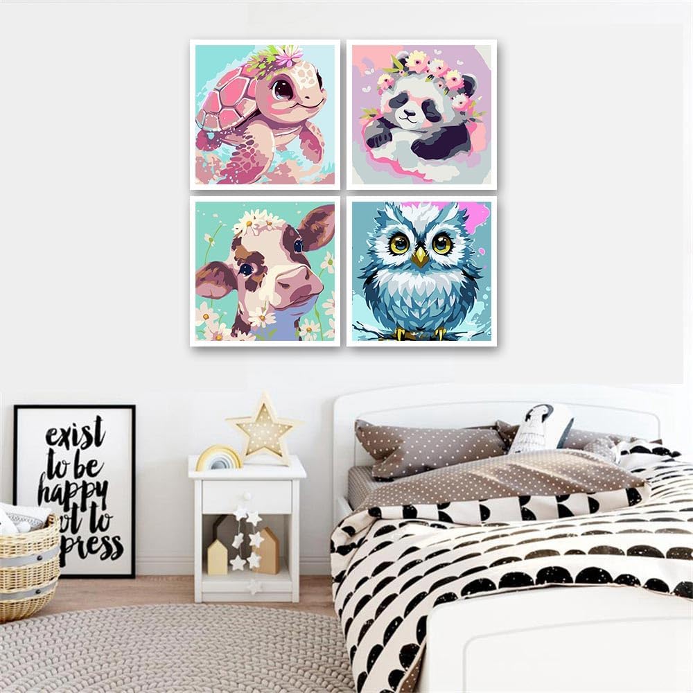 FQOVKYN Paquete de 4 pinturas por números para adultos, kit de pintura por números de animales lindos para adultos principiantes, pintura acrílica