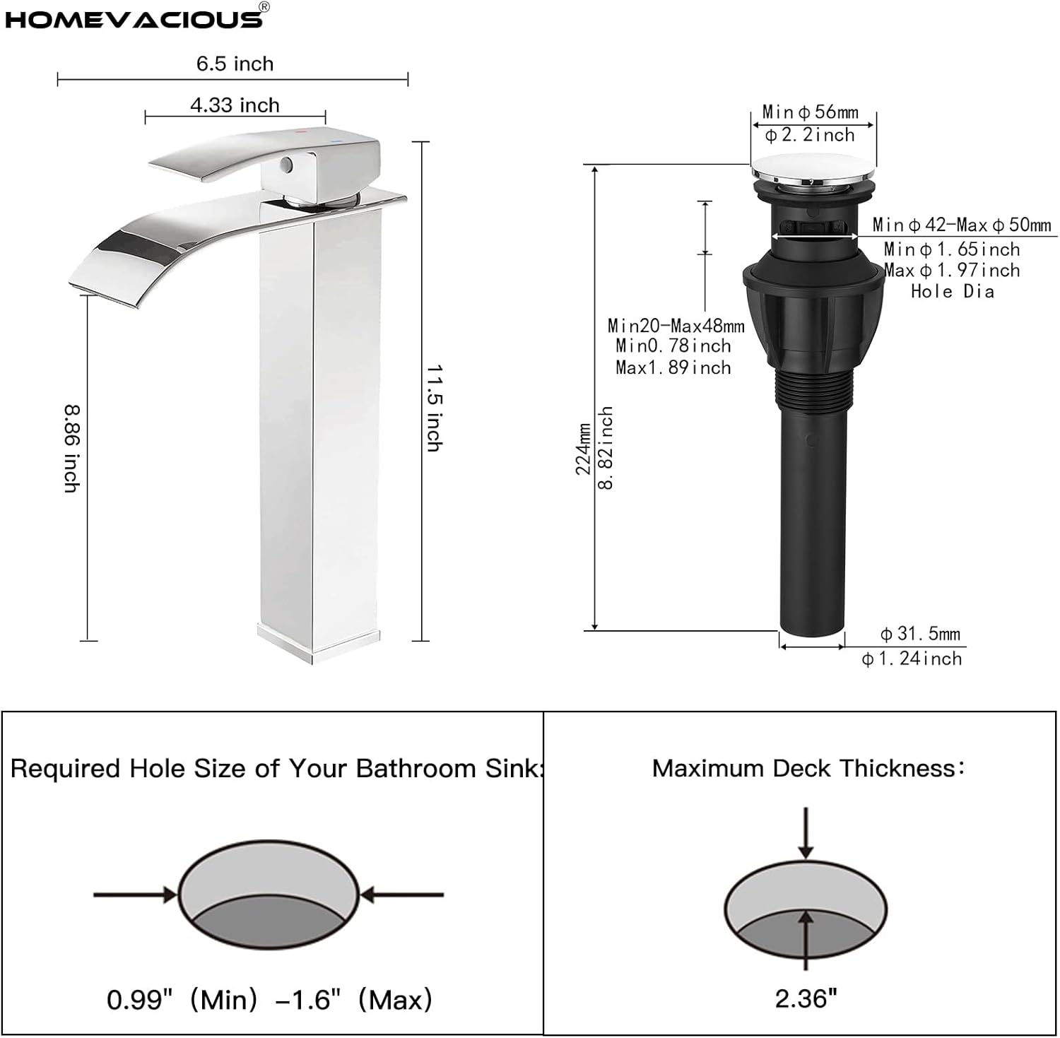 Homevacious Grifo de baño cromado, grifo de lavabo de cascada, grifo de fregadero de una sola manija, grifo moderno de un solo orificio para lavabo