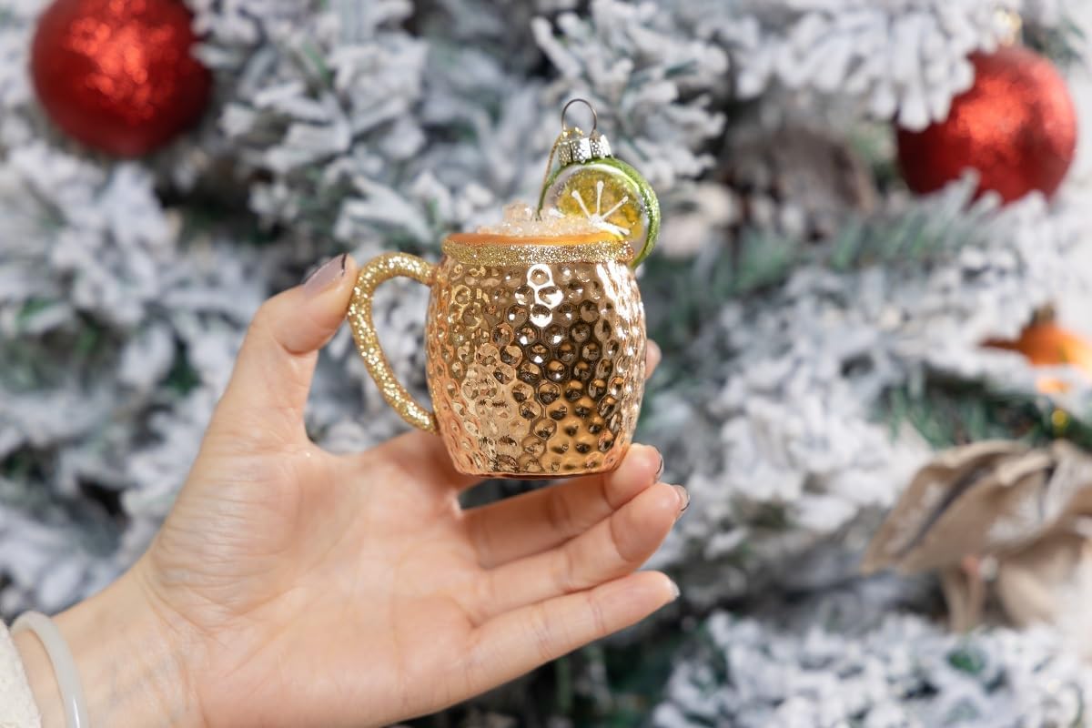 Juego de 2 adornos de Navidad soplados de vidrio soplado Moscow Mule, adornos de cóctel de vidrio soplado para decoración de árbol de Navidad