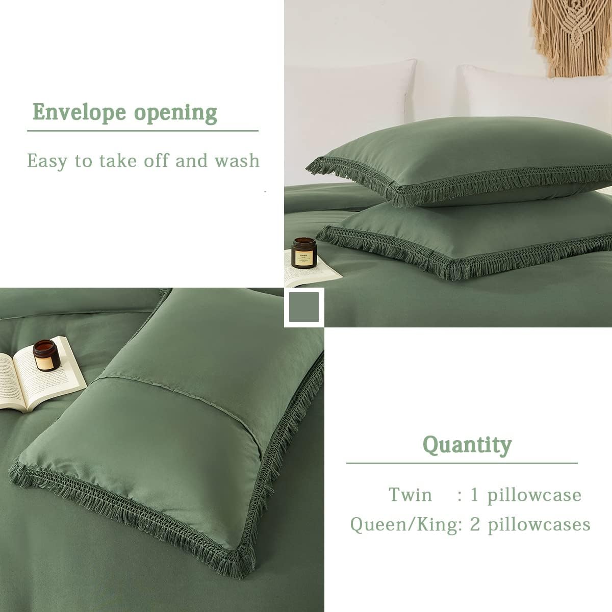 Juego de edredón verde bohemio tamaño King con borlas, juego de ropa de cama estético de 3 piezas de microfibra estilo desgastado y elegante, juego
