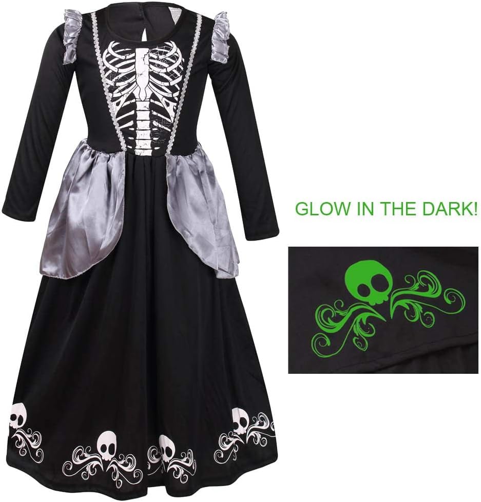 LMYOVE Girls Skeleton Costume, Glow in Dark Halloween Bones Princess Dress