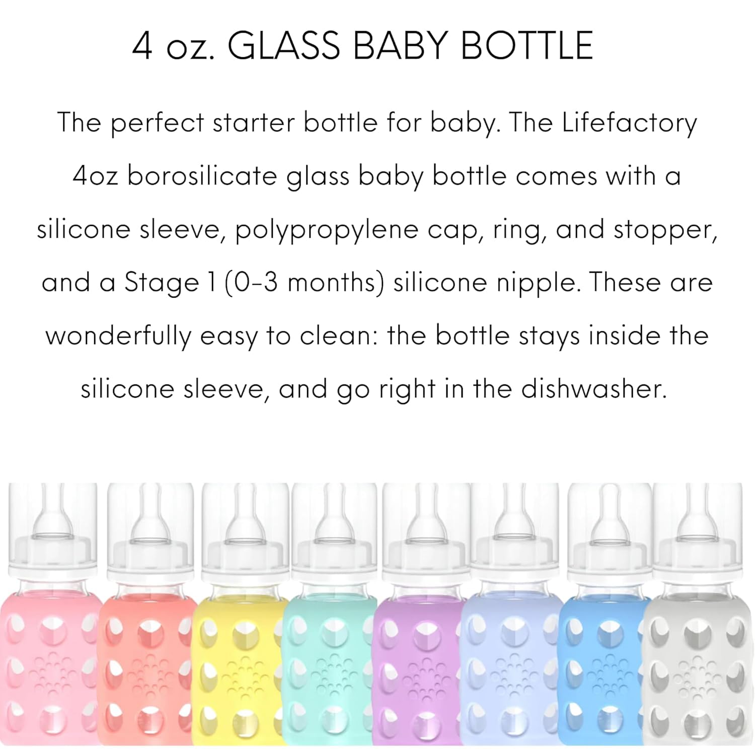 Lifefactory Biberones de vidrio con protección de silicona, paquete de 4, 4 onzas cada biberón (2 plátanos y 2 melón)