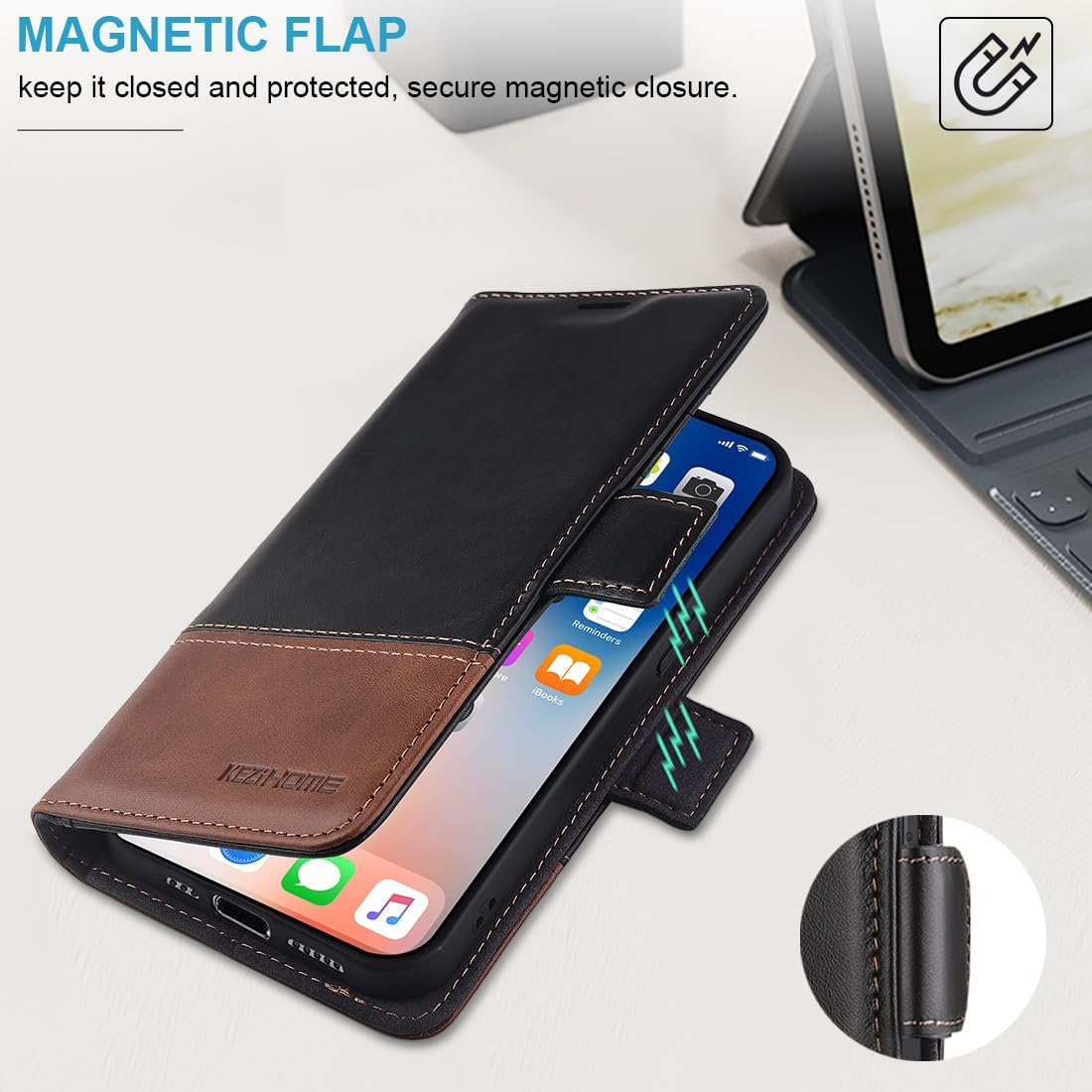 KEZiHOME Funda tipo cartera compatible con iPhone 15 Pro Max, piel auténtica bloqueo RFID para iPhone 15 Pro Max, ranura para tarjetas, soporte