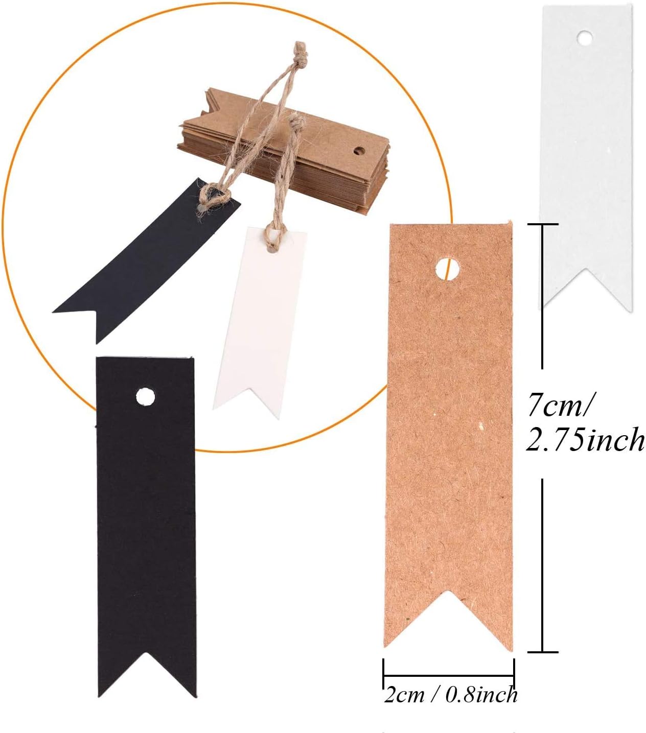 DIYASY Etiquetas de regalo de papel kraft con cuerda, 150 etiquetas de papel marrón, blanco y negro, etiquetas colgantes de 2.8 x 0.8 pulgadas,