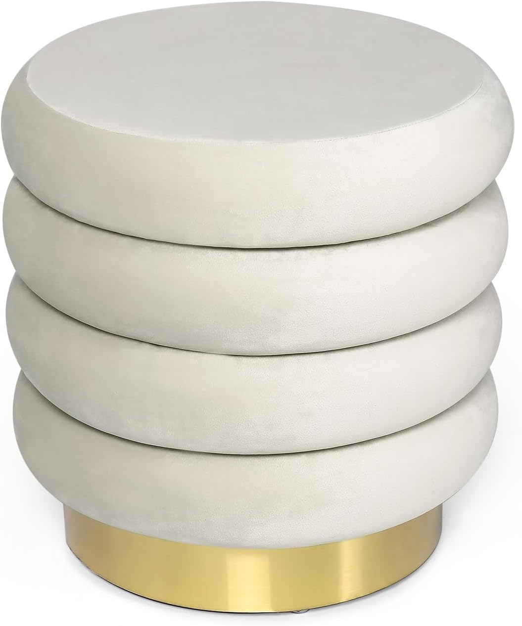 Adeco Taburete redondo otomano de terciopelo con almacenamiento, moderno reposapiés acolchado, reposapiés para sala de estar, dormitorio, beige