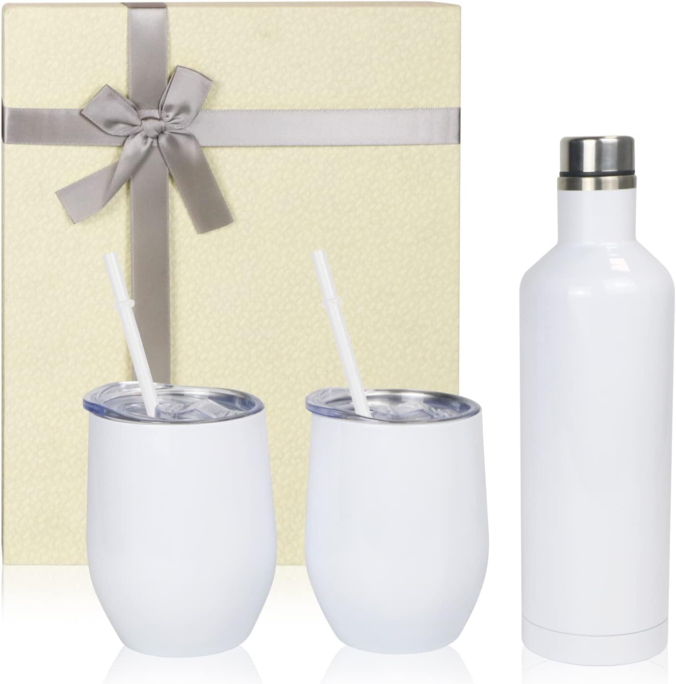 Juego de regalo de vaso de vino y botella de vino con aislamiento por sublimación, vasos de vino de acero inoxidable de 12 onzas, 2 piezas y 1