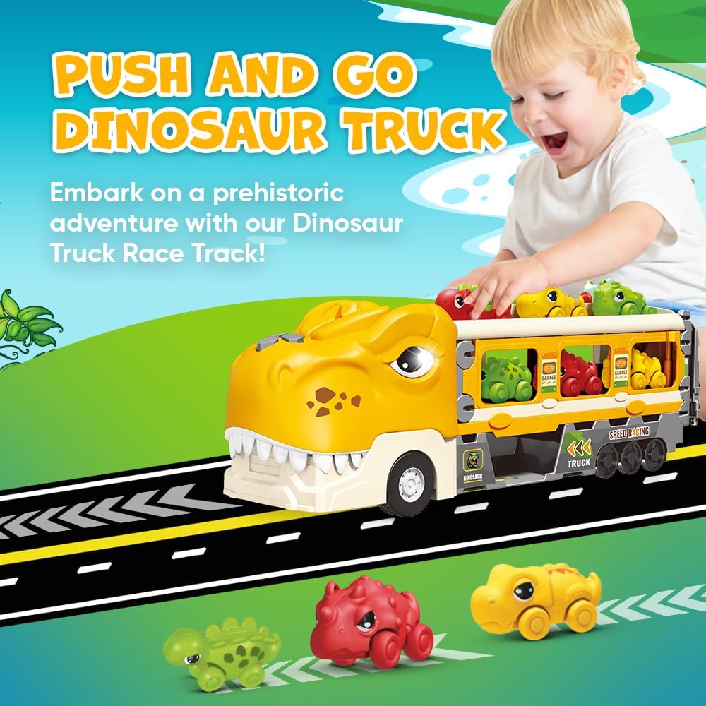 Camión de dinosaurios para niños de 3 a 5 años  Transporte de dinosaurios con pista de carreras plegable y 6 autos de carreras de dinosaurios