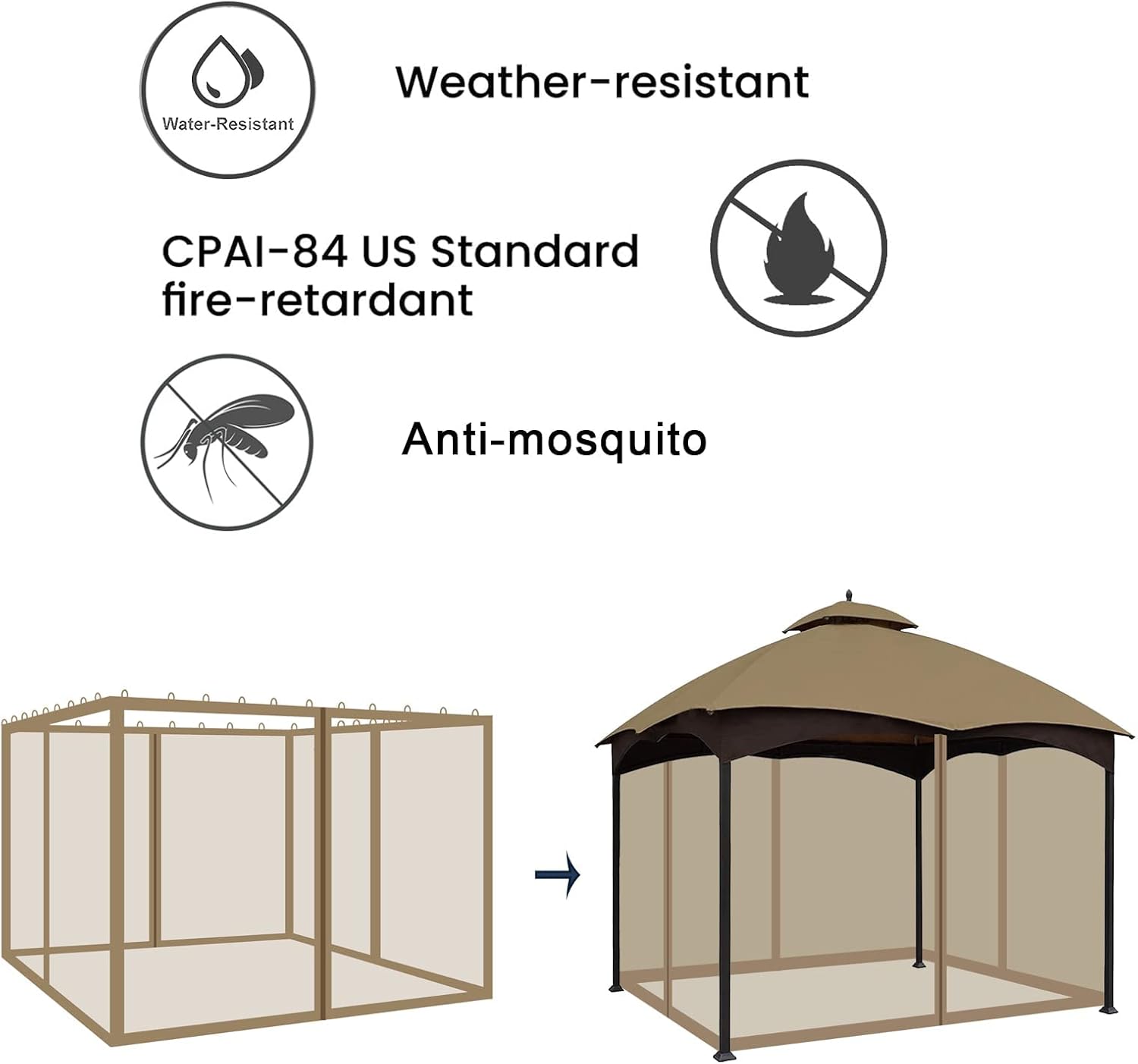 Tanxianzhe 10'x10' Gazebo Replacement Mosquito Netting 4-Panel Patio Screen Walls with Zipper (Khaki) - Imagen 6