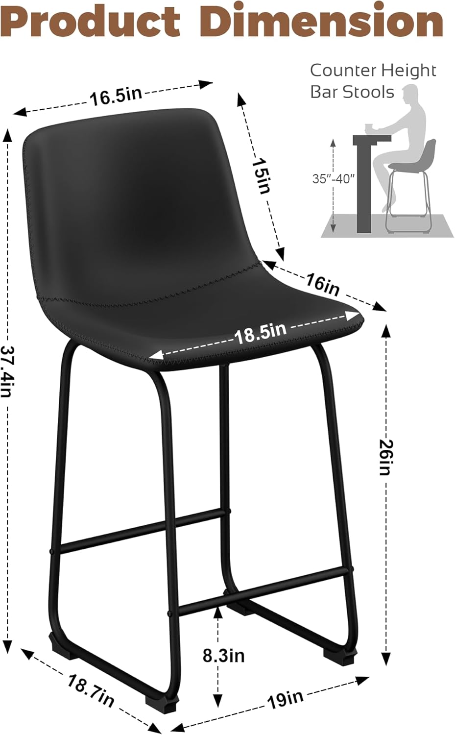 Aowos Juego de 2 taburetes de bar, modernos taburetes de bar de altura de mostrador con respaldo, taburetes de bar de piel sintética de 26 pulgadas