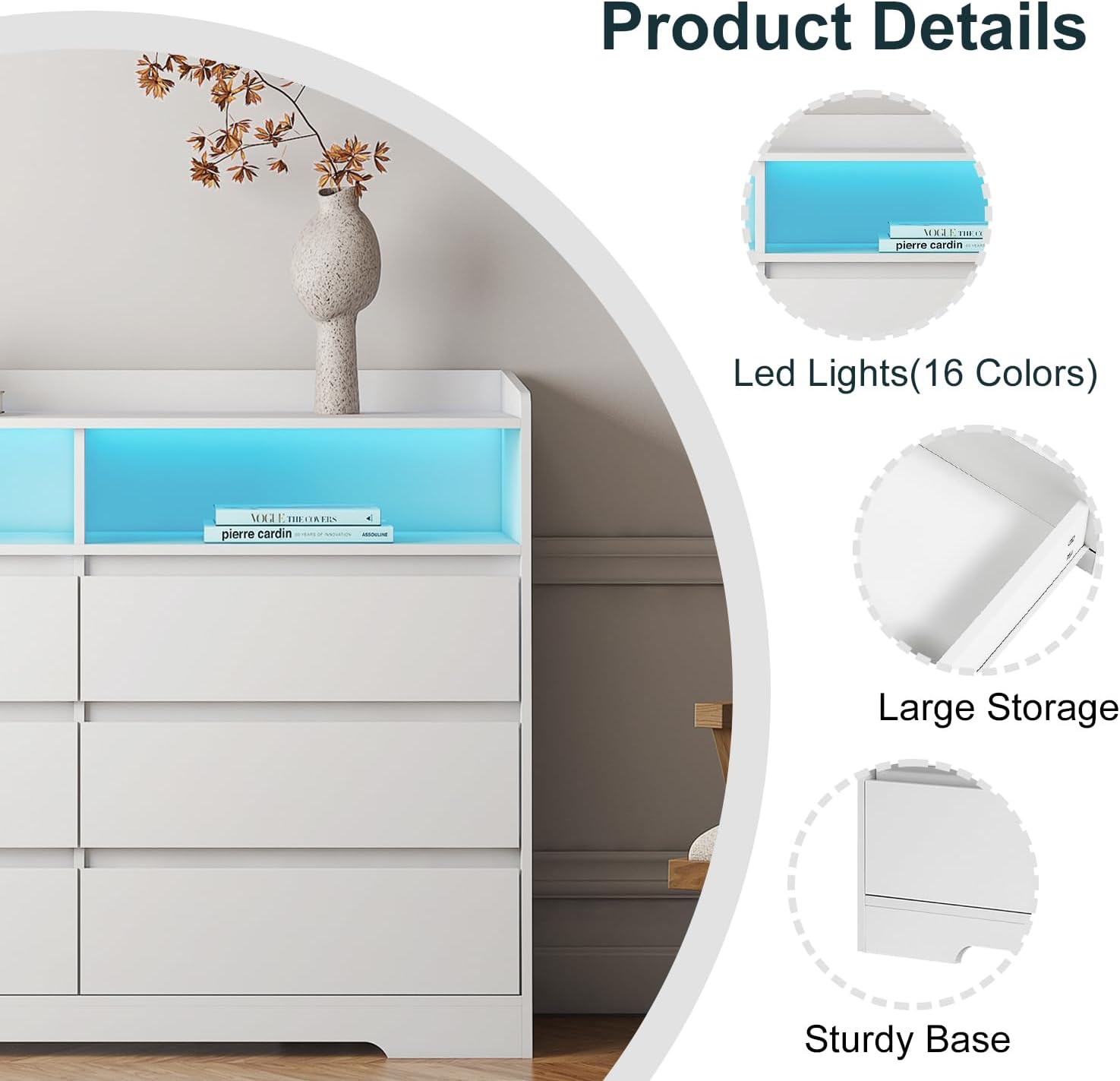 Angel Sar Cómoda blanca de 6 cajones con luces LED, cómoda LED de 51 pulgadas para dormitorio, 2 espacios abiertos, cómoda, cómoda de TV,