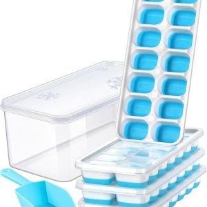 ARTLEO Bandeja para cubitos de hielo con tapa y contenedor, paquete de 4 bandejas de plástico de silicona para cubitos de hielo para congelador con ARTLEO Bandeja para cubitos de hielo con tapa y contenedor, paquete de 4 bandejas de plástico de silicona para cubitos de hielo para congelador con